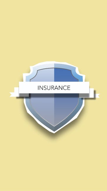A close-up of a metallic shield emblem with a white banner across its center bearing the word 'INSURANCE' in bold black letters. The shield features a bluish gradient and is set against a pale yellow 