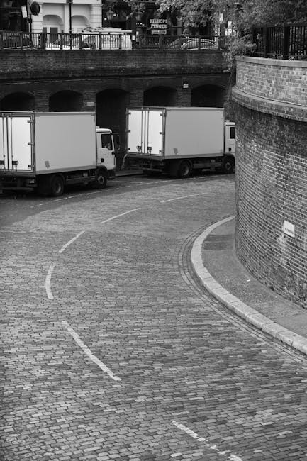 A white moving van is parked on a narrow urban street in front of a row of shops, including Dublin Mouldings with a blue sign and closed shutters. The van's rear doors are open, revealing loading equi